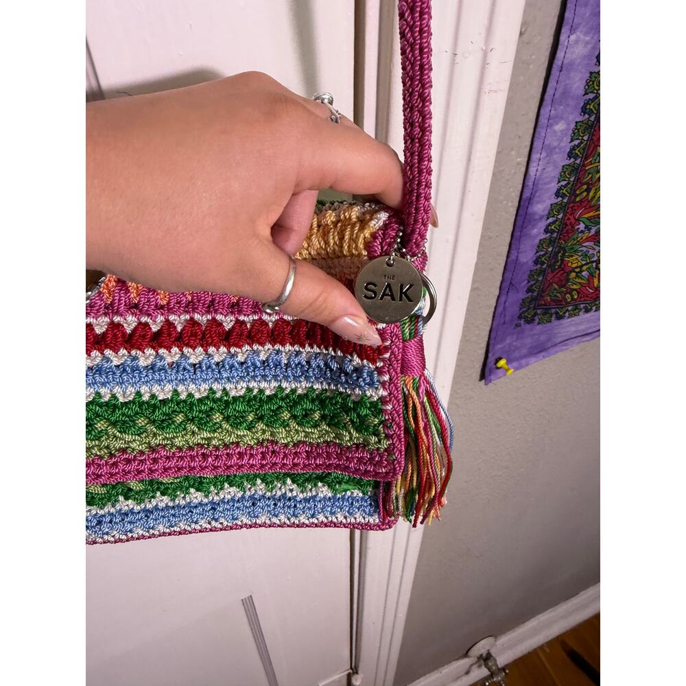 The Sak Crochet Crossbody Bag Multicolor Striped Boho Pink Tassel Small Purse - Picture 4 of 7